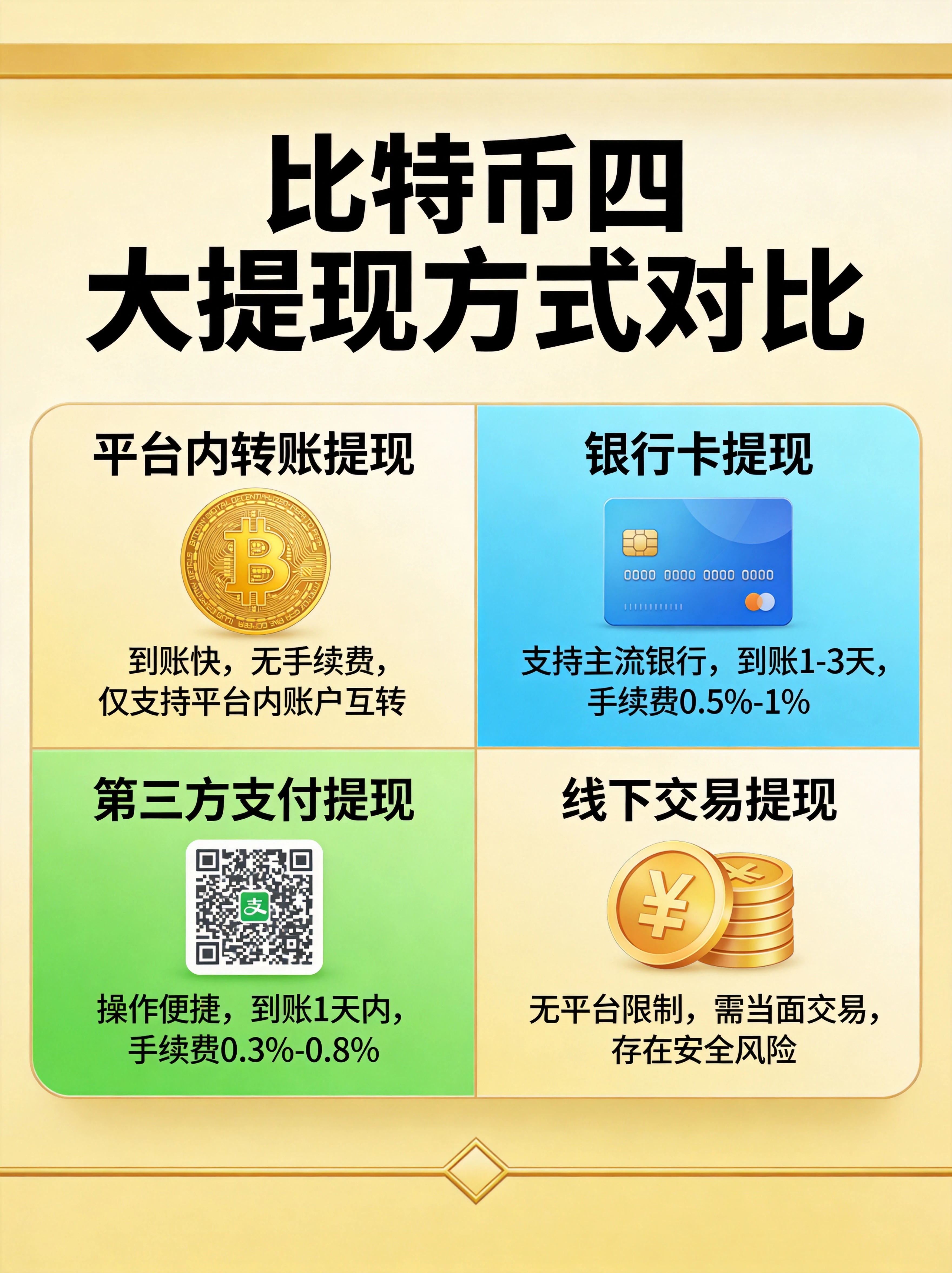 比特币四大提现方式对比信息图，展示链上转账提币、交易所P2P交易、银行卡出金、第三方渠道出金，每种方式配有操作要点、手续费范围、到账时间说明