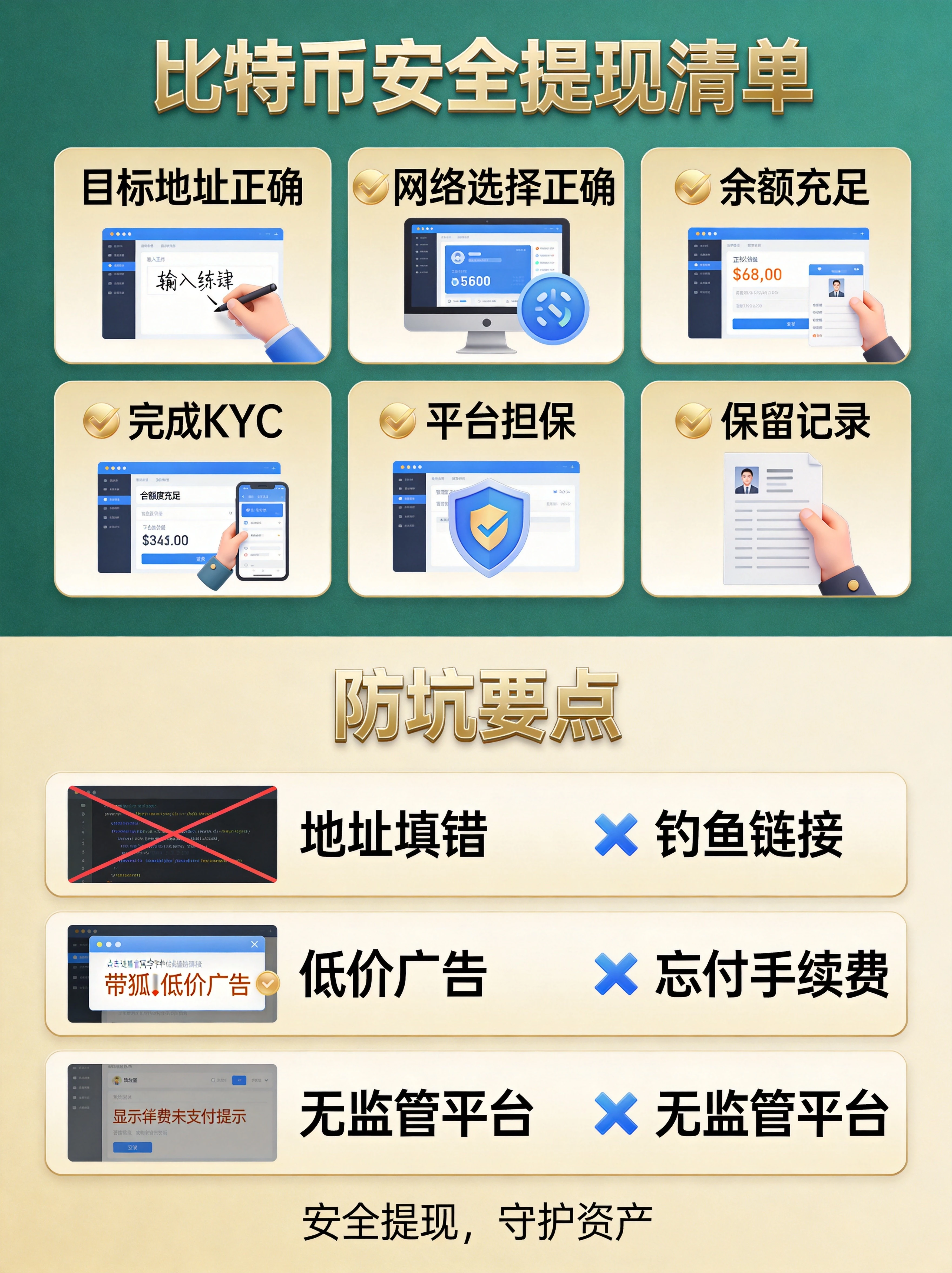 比特币安全提现清单与防坑要点图，展示目标地址正确、网络选择正确、余额充足、完成KYC、额度充足、平台担保、保留记录七大安全检查项，以及地址填错、钓鱼链接、低价广告、忘付手续费、无监管平台五大防坑要点