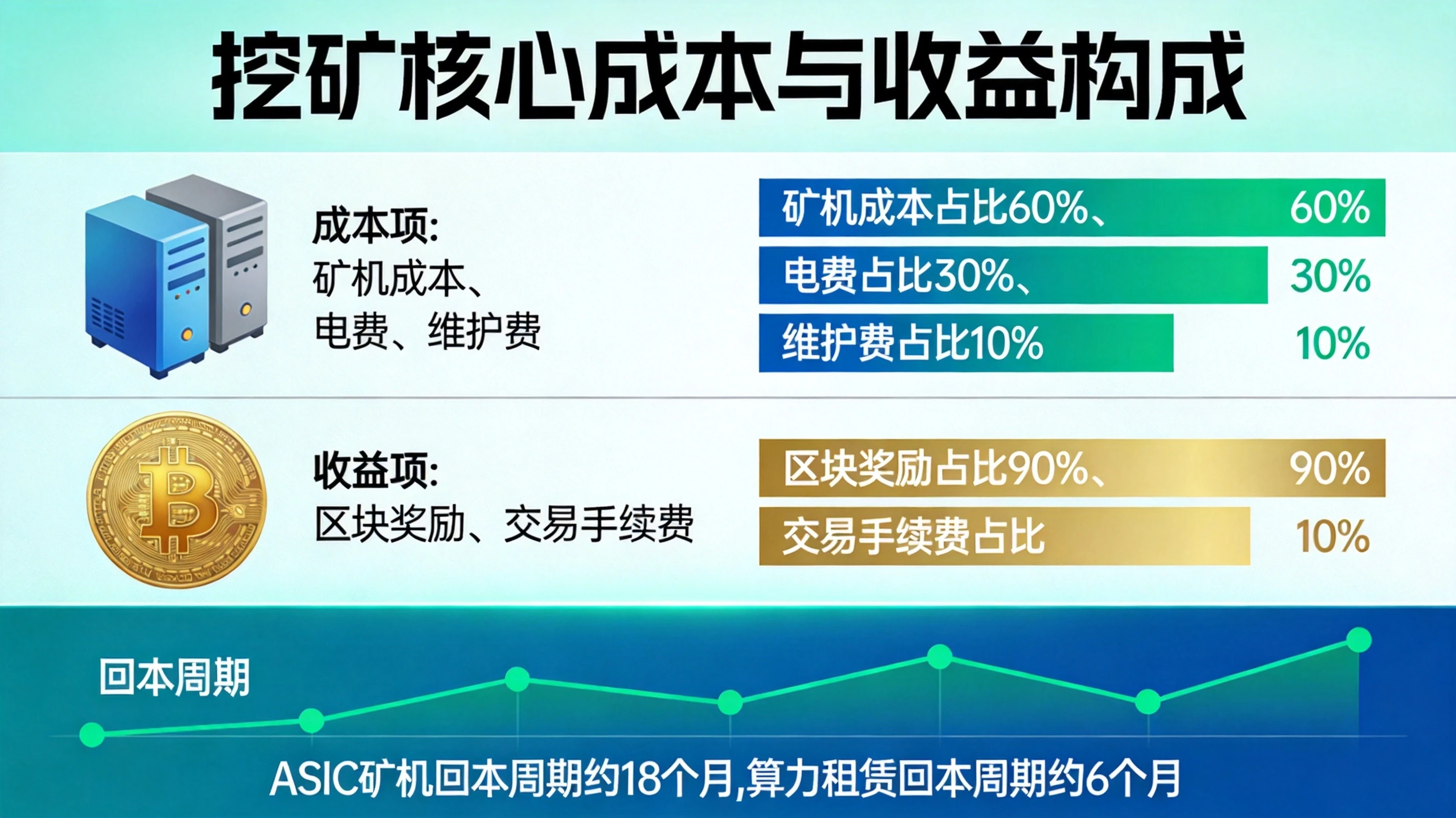蓝绿色科技风格挖矿成本收益拆解信息图,展示矿机成本、电费、维护费等成本项与区块奖励、手续费等收益项的构成逻辑 蓝绿色科技风格挖矿成本收益拆解信息图,展示矿机成本、电费、维护费等成本项与区块奖励、手续费等收益项的构成逻辑