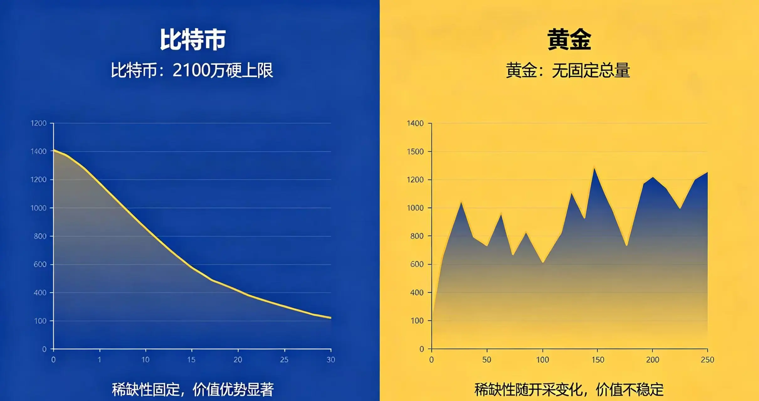 比特币与黄金稀缺性对比展示。 比特币与黄金稀缺性对比展示。