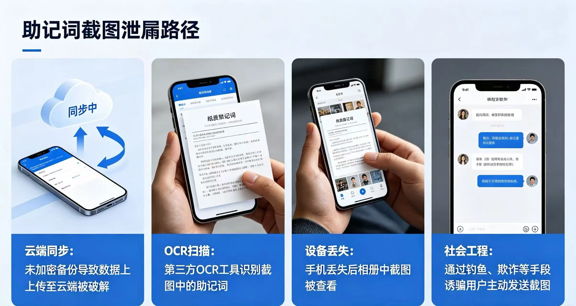 助记词截图四大泄露路径示意图 助记词截图四大泄露路径示意图