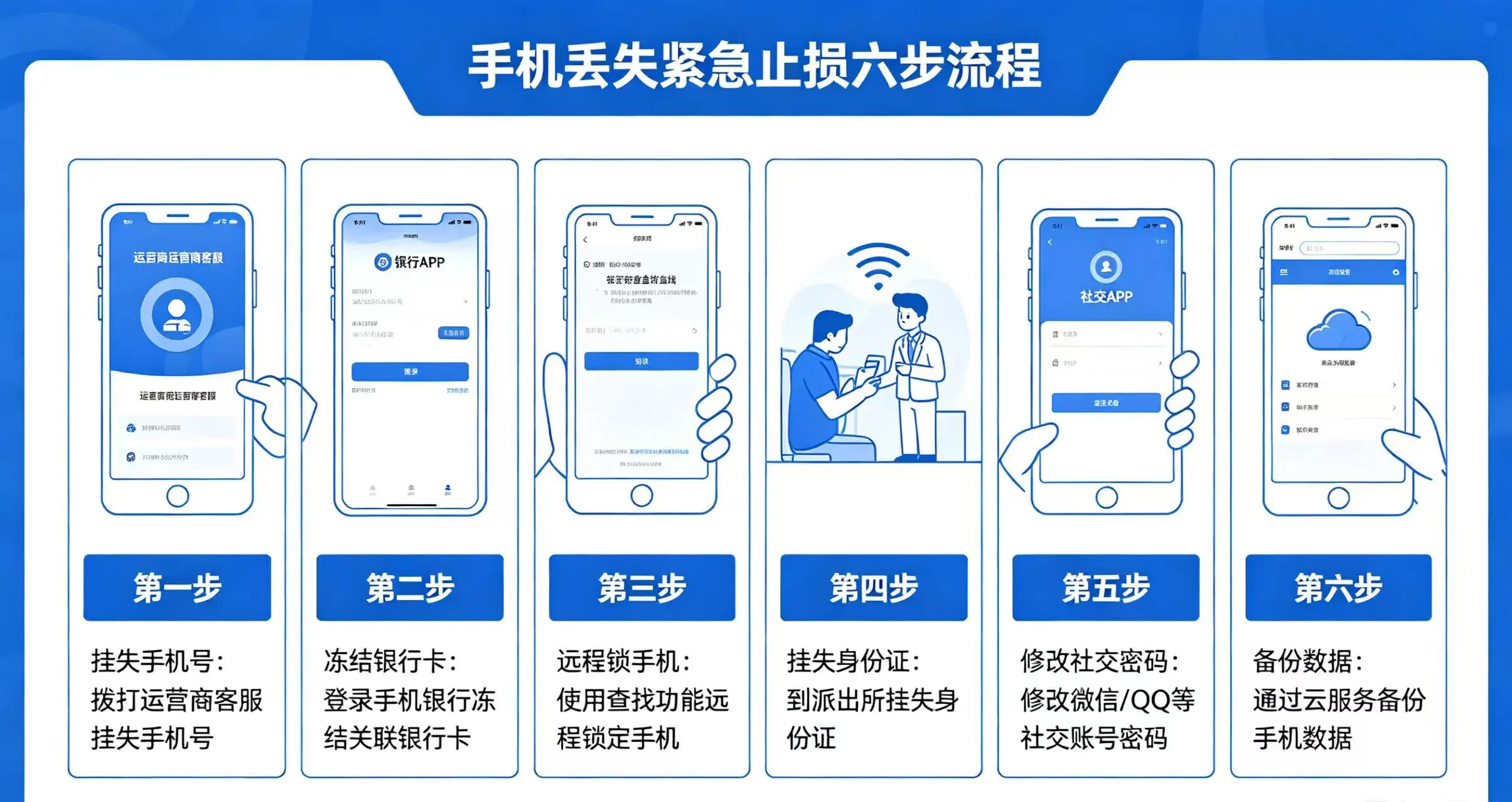手机丢失紧急止损六步流程,展示挂失手机号、冻结银行卡、远程锁手机等操作步骤 手机丢失紧急止损六步流程,展示挂失手机号、冻结银行卡、远程锁手机等操作步骤