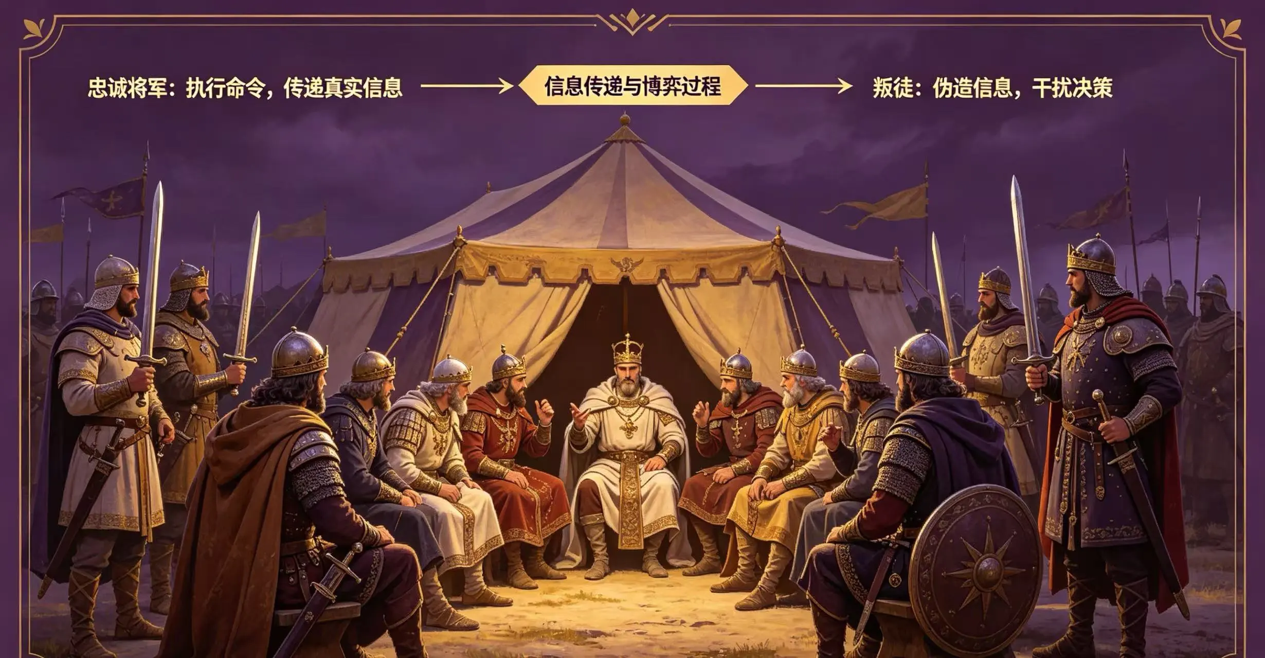 拜占庭将军问题军事场景,标注忠诚将军和叛徒的博弈过程 拜占庭将军问题军事场景,标注忠诚将军和叛徒的博弈过程
