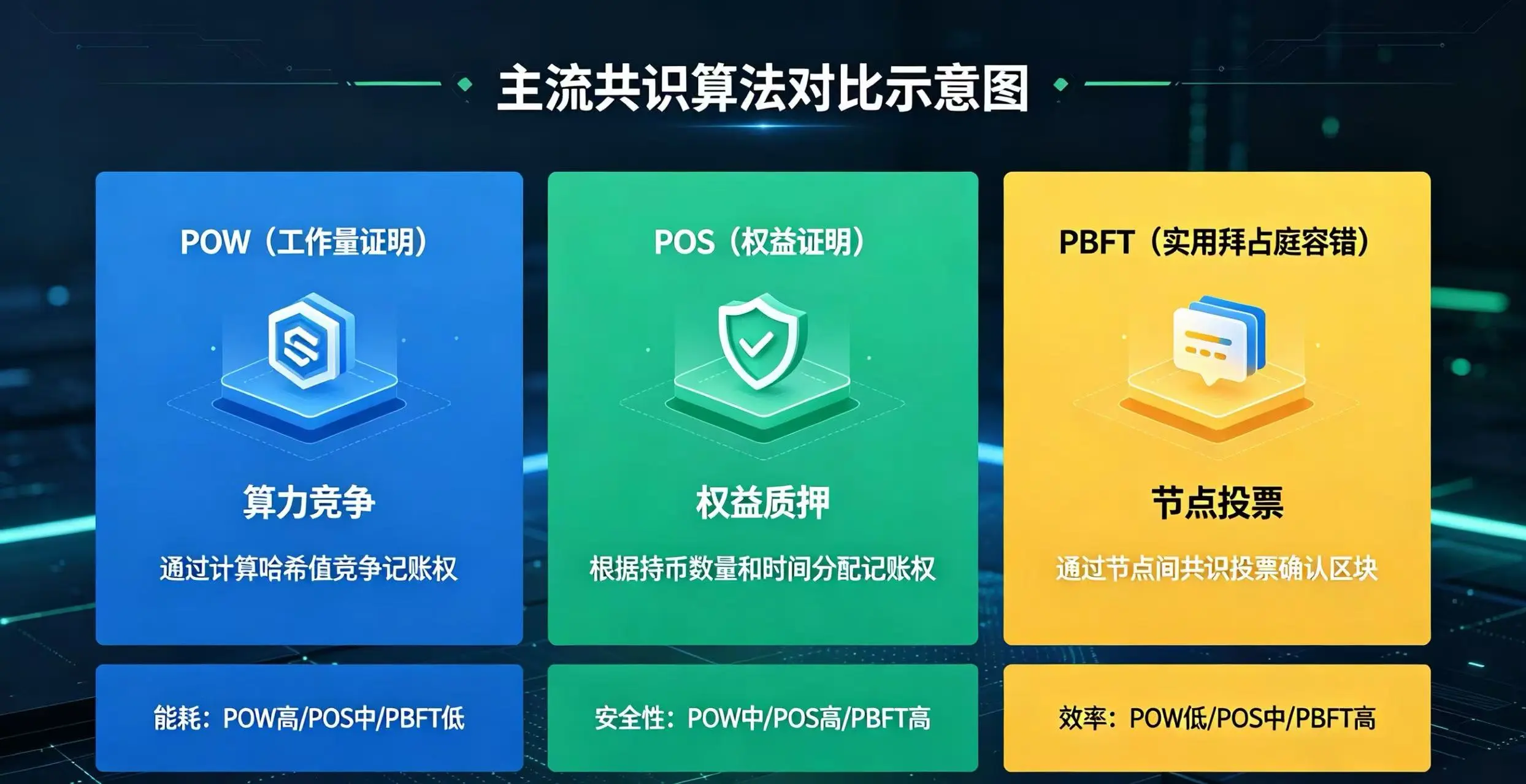 POW、POS、PBFT 等主流共识算法对比示意图 POW、POS、PBFT 等主流共识算法对比示意图