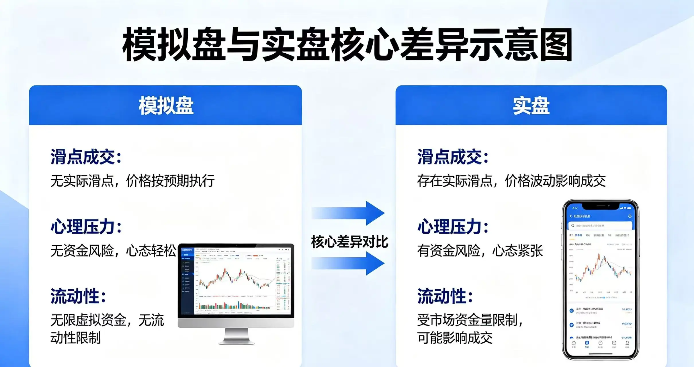 模拟盘与实盘区别示意图,清晰展示滑点成交、心理压力、流动性三个核心差异 模拟盘与实盘区别示意图,清晰展示滑点成交、心理压力、流动性三个核心差异