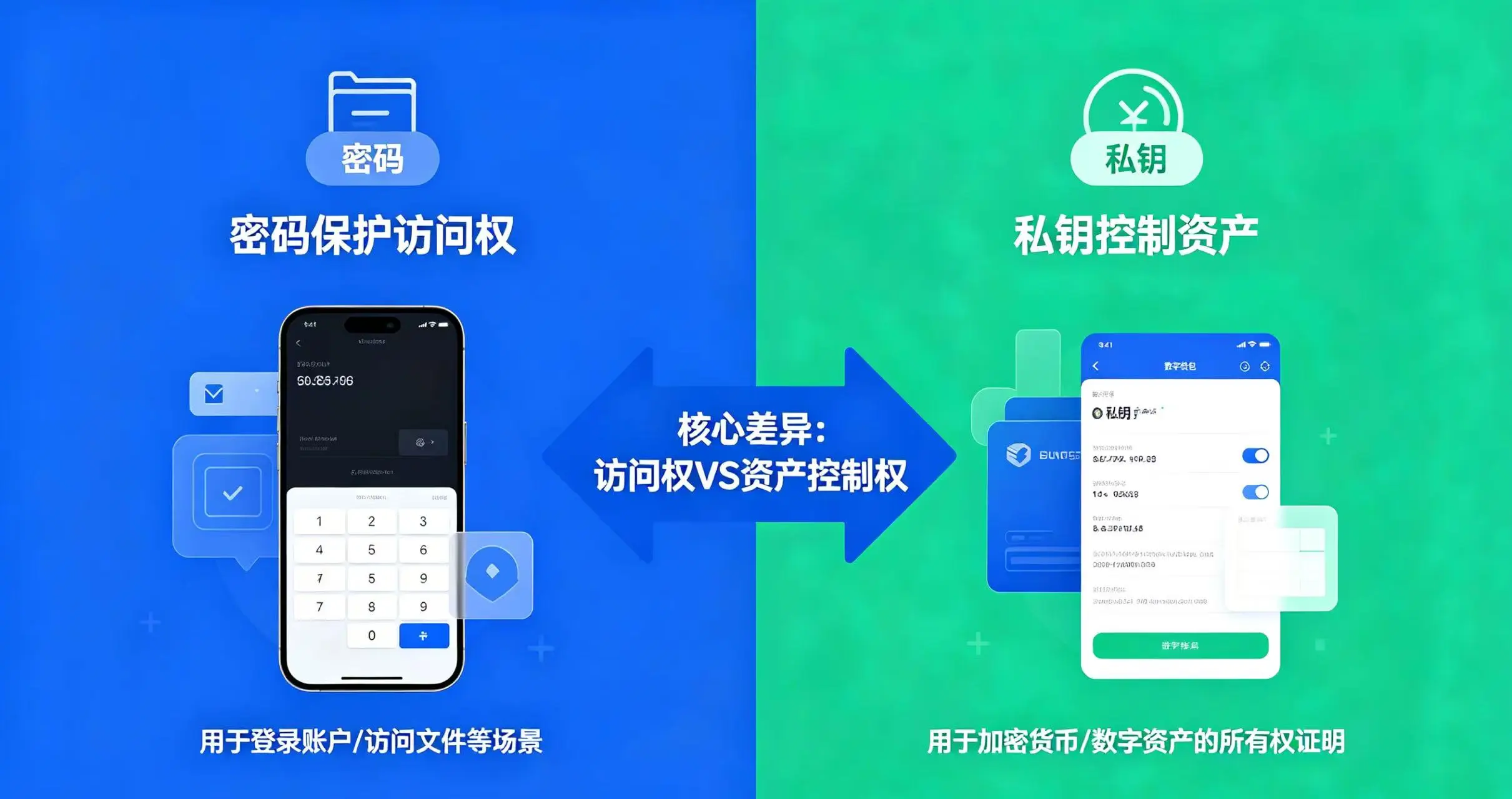 密码与私钥区别示意图,直观呈现密码保护访问权、私钥控制资产的核心差异 密码与私钥区别示意图,直观呈现密码保护访问权、私钥控制资产的核心差异