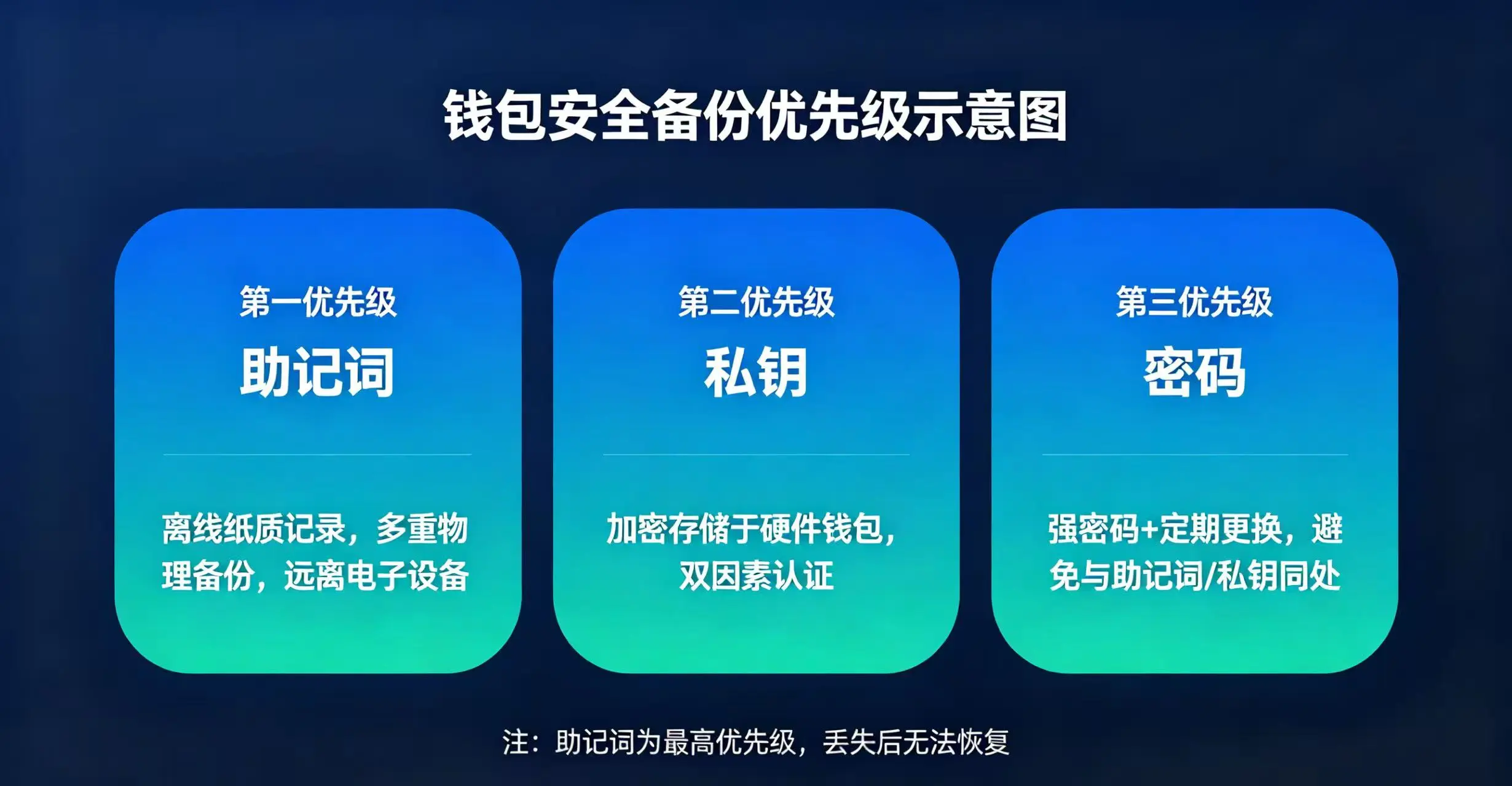 钱包安全备份优先级示意图,清晰展示助记词、私钥、密码的备份优先级和保护方式 钱包安全备份优先级示意图,清晰展示助记词、私钥、密码的备份优先级和保护方式