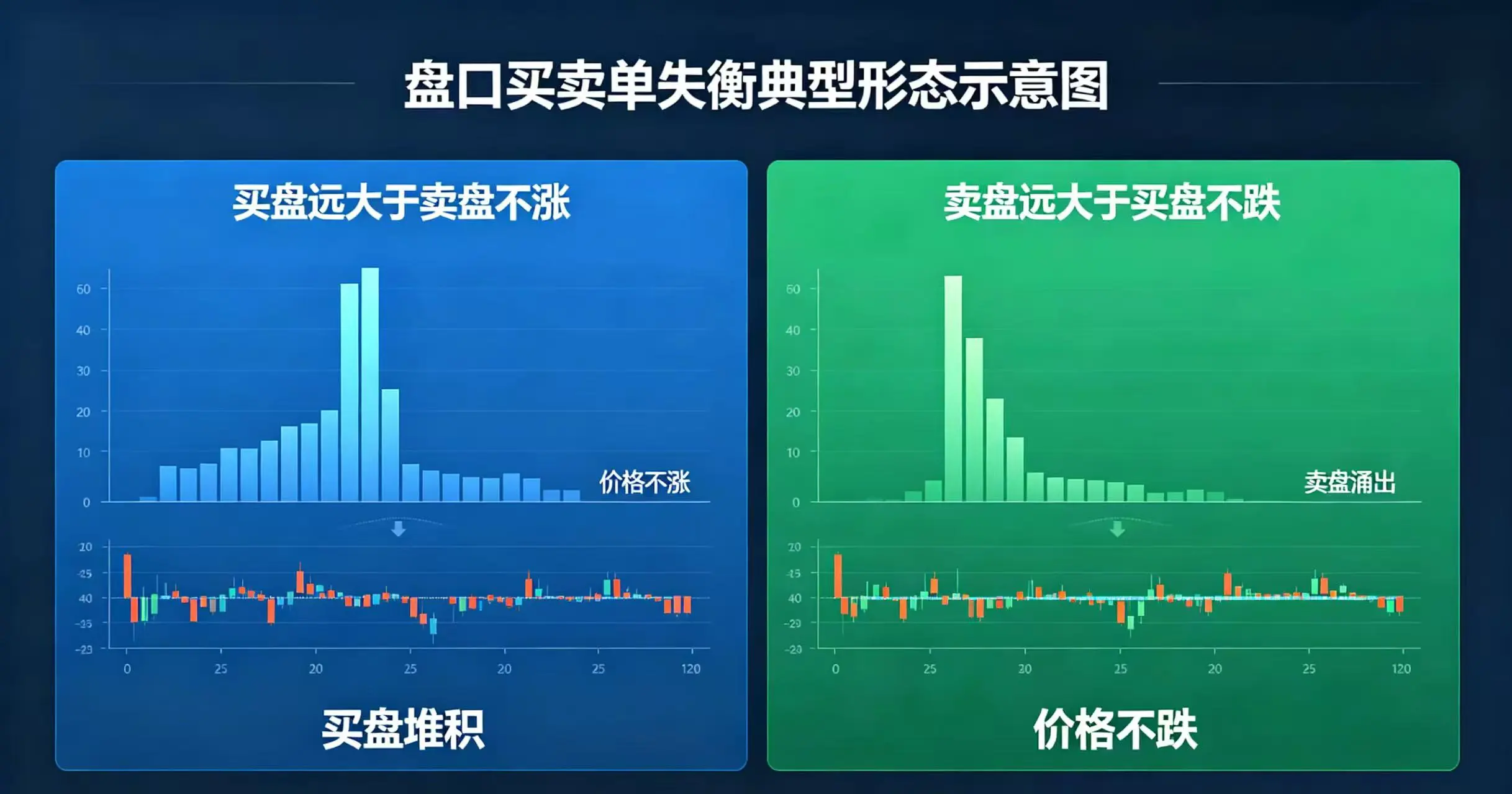 盘口买卖单失衡场景示意图,直观呈现买盘远大于卖盘不涨、卖盘远大于买盘不跌两种典型盘口形态 盘口买卖单失衡场景示意图,直观呈现买盘远大于卖盘不涨、卖盘远大于买盘不跌两种典型盘口形态