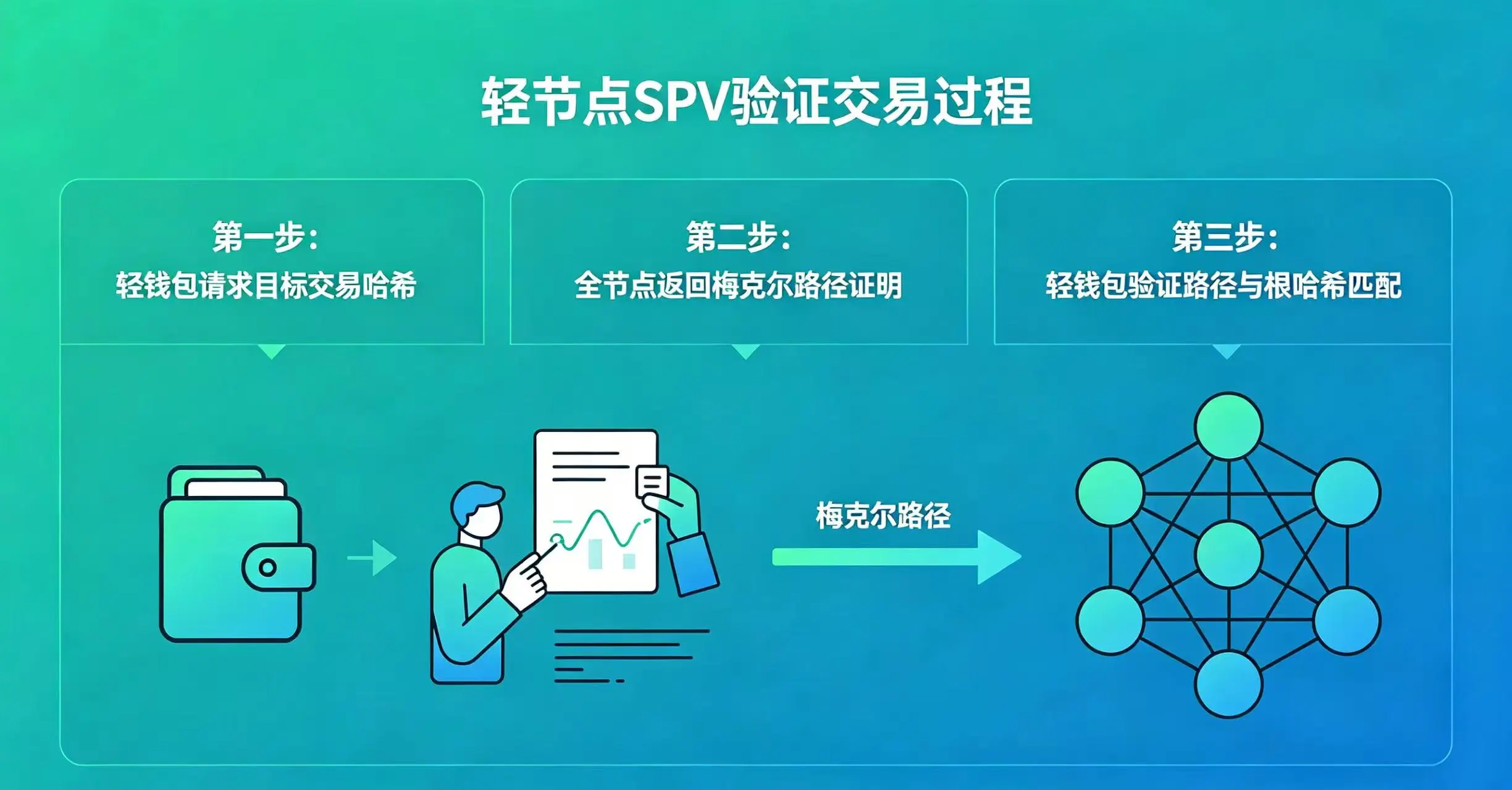 色彩鲜明的 SPV 验证示意图,展示轻钱包通过梅克尔路径,仅依靠区块头和少量哈希值完成交易验证的过程。 色彩鲜明的 SPV 验证示意图,展示轻钱包通过梅克尔路径,仅依靠区块头和少量哈希值完成交易验证的过程。