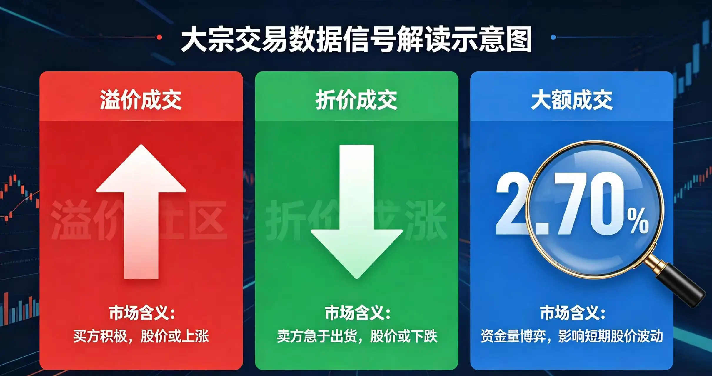 宗交易数据信号解读示意图,展示溢价、折价成交和大额成交的市场含义。 宗交易数据信号解读示意图,展示溢价、折价成交和大额成交的市场含义。