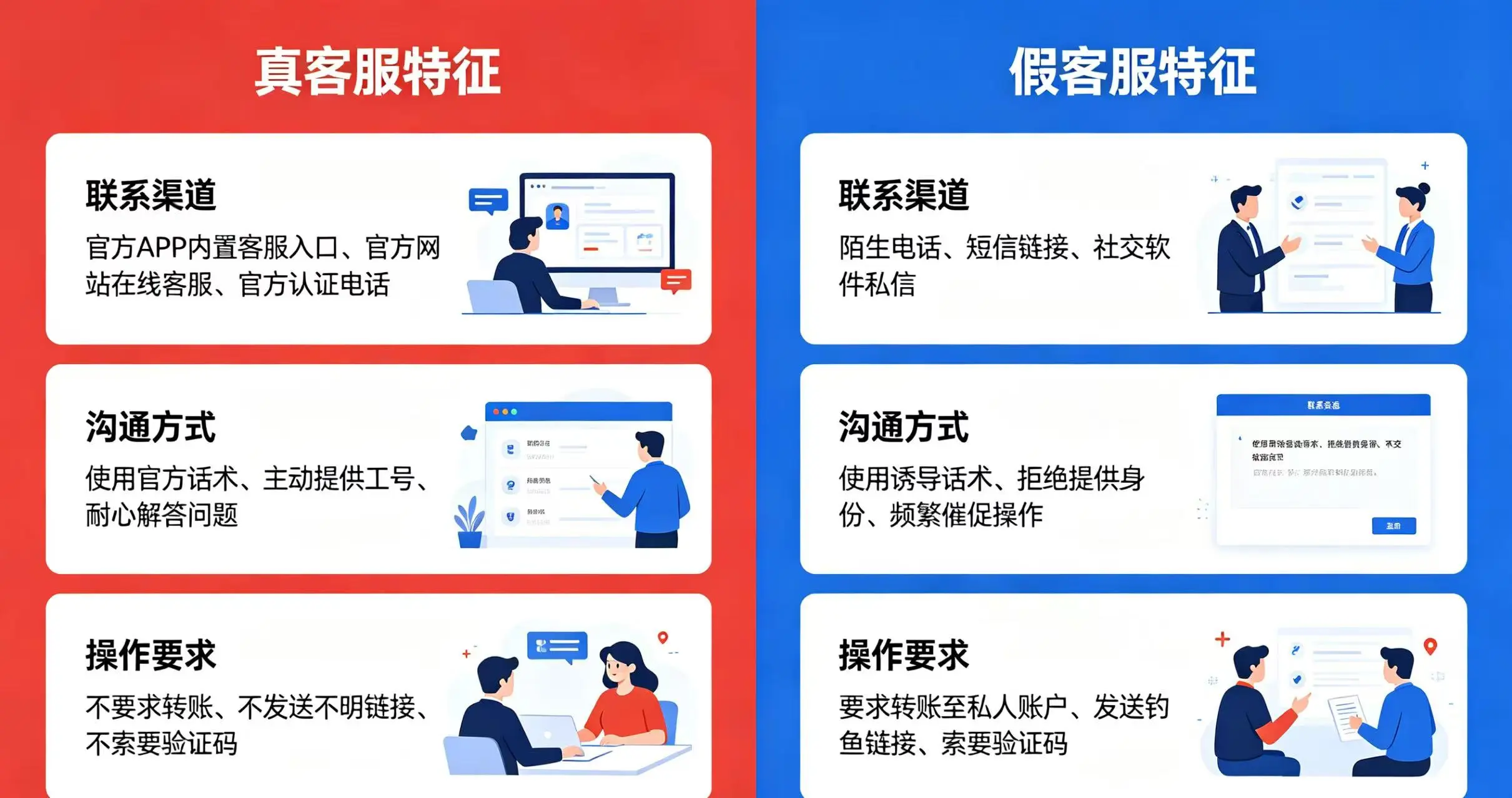 真假客服对比图，展示真客服和假客服在联系渠道、沟通方式、操作要求上的区别。