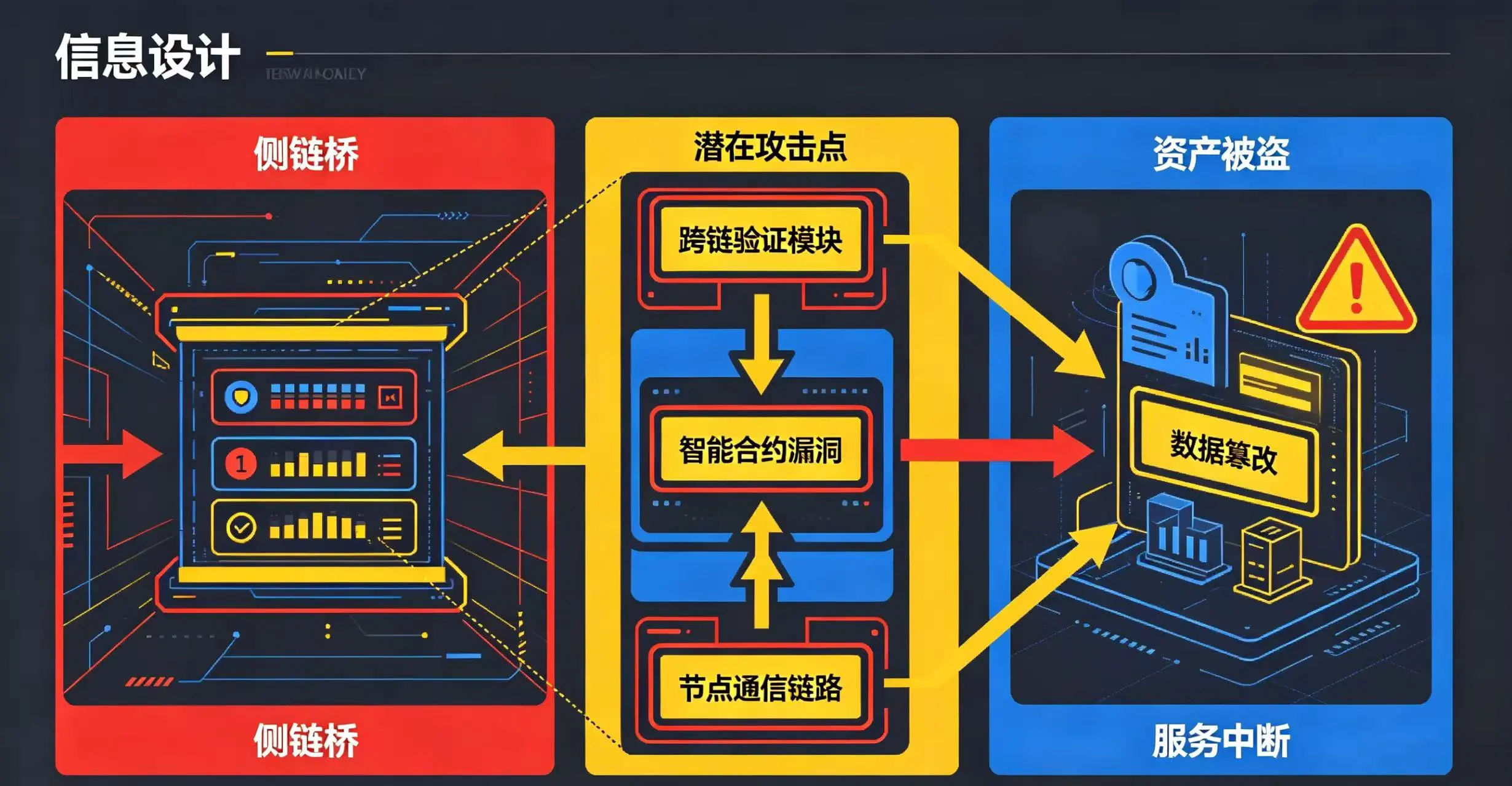 侧链桥安全风险示意图,展示侧链桥作为安全软肋的潜在攻击点。 侧链桥安全风险示意图,展示侧链桥作为安全软肋的潜在攻击点。