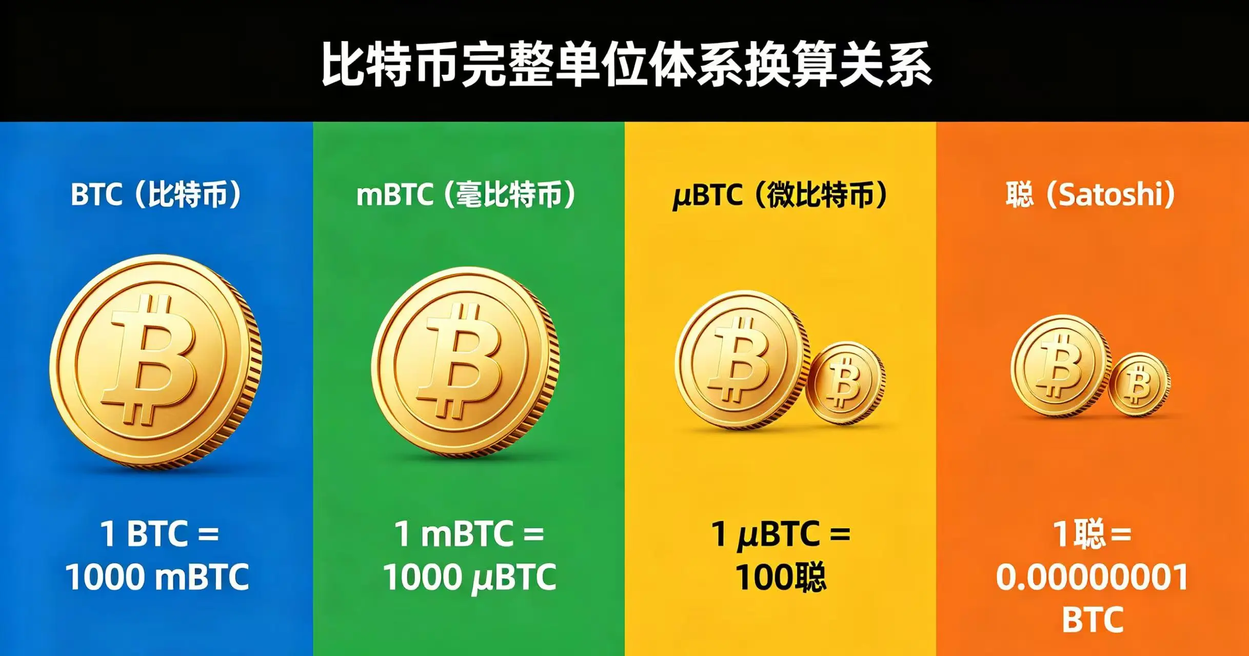 比特币完整单位体系(BTC、mBTC、μBTC、聪)换算关系信息图 比特币完整单位体系(BTC、mBTC、μBTC、聪)换算关系信息图