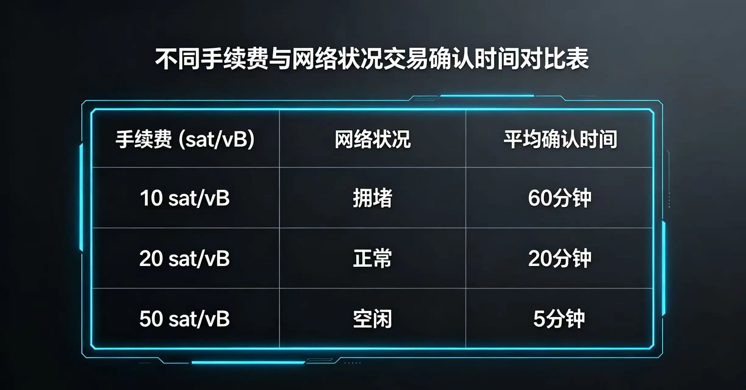 对比不同手续费(sat/vB)在网络畅通、拥堵、严重拥堵下的平均确认时间的表格。 对比不同手续费(sat/vB)在网络畅通、拥堵、严重拥堵下的平均确认时间的表格。