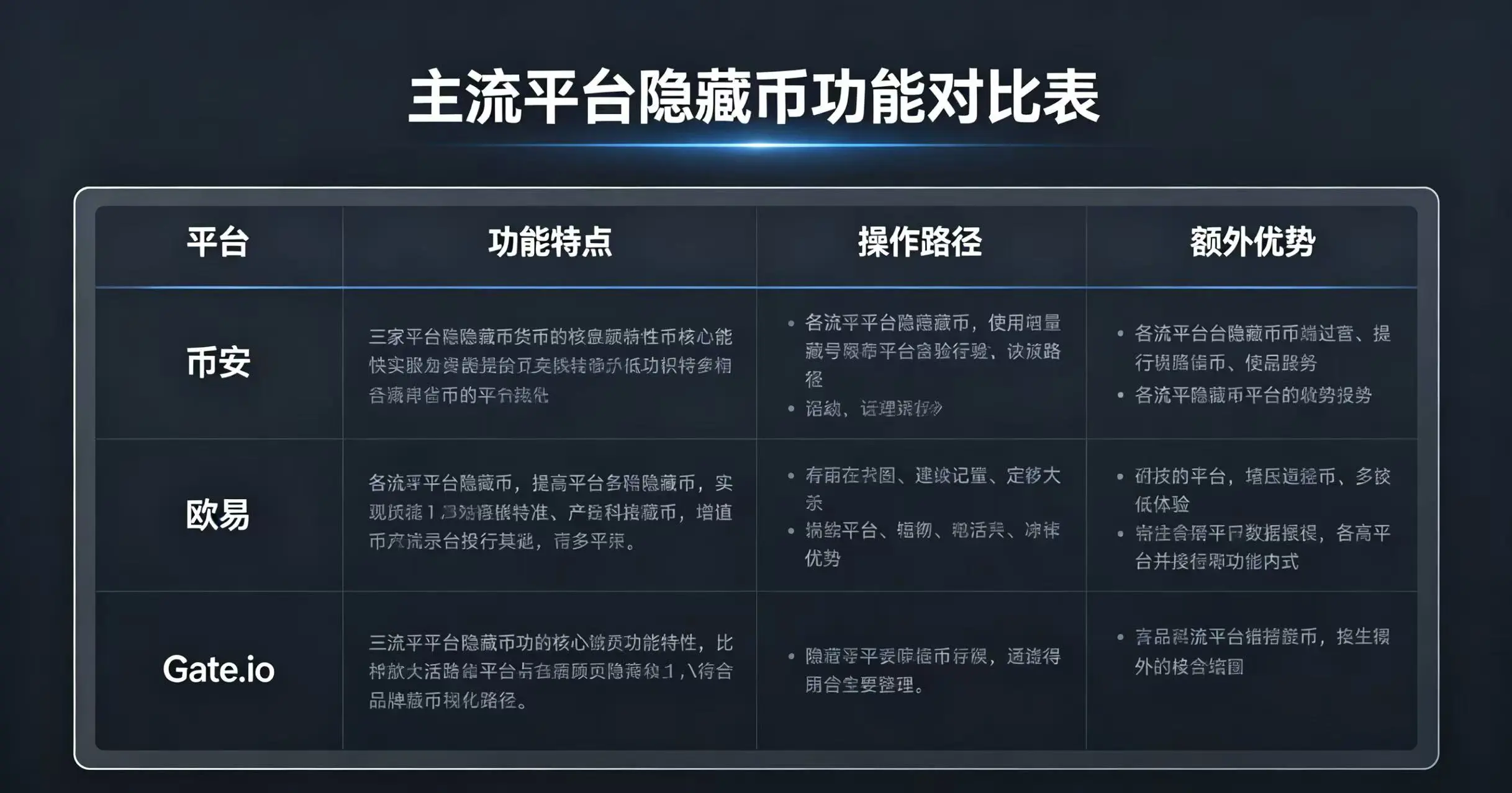 对比币安、欧易、Gate.io 三家平台在隐藏币功能特点、操作路径及额外优势上的差异的表格。 对比币安、欧易、Gate.io 三家平台在隐藏币功能特点、操作路径及额外优势上的差异的表格。