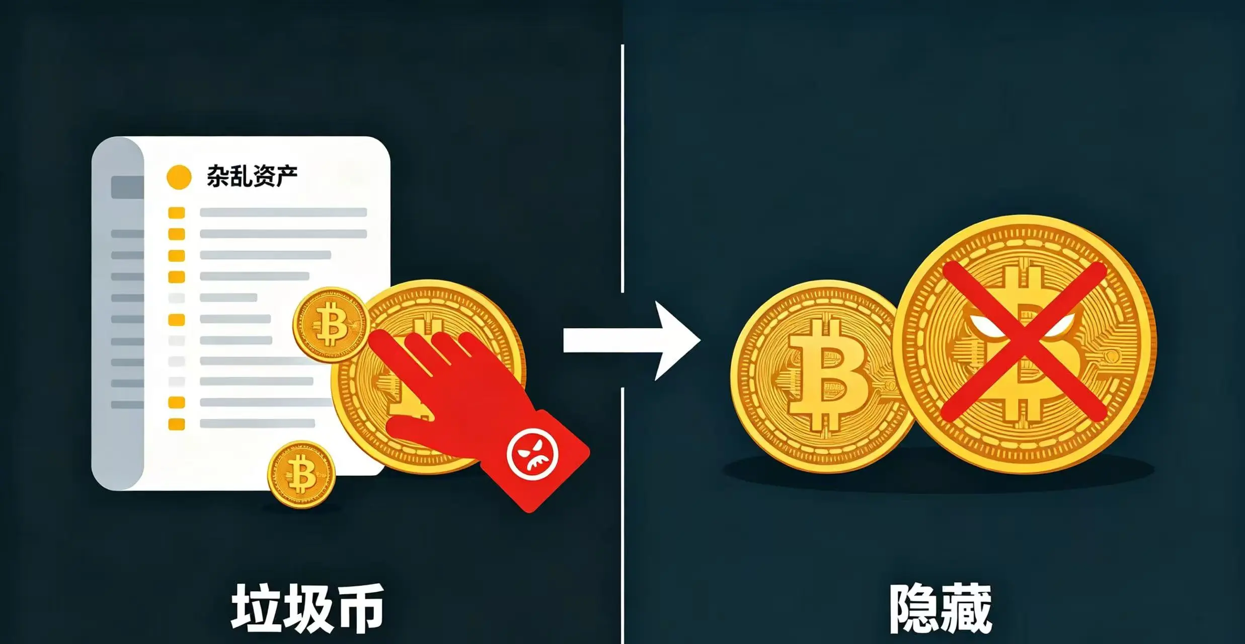 画面左右对比,左侧小额币种伸出恶意之手威胁主流币,右侧小额币种被隐藏,恶意之手无法伸出,主流币得到保护。 画面左右对比,左侧小额币种伸出恶意之手威胁主流币,右侧小额币种被隐藏,恶意之手无法伸出,主流币得到保护。