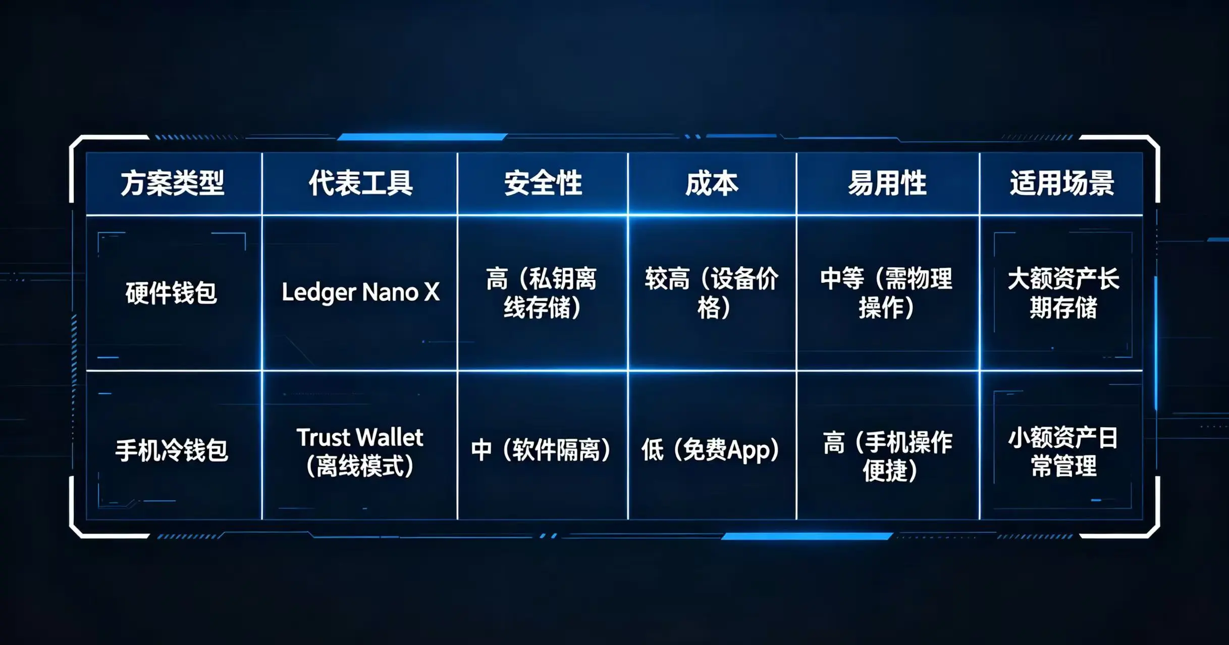 对比硬件钱包和手机冷钱包在安全性、成本、易用性及适用场景上的差异的表格。 对比硬件钱包和手机冷钱包在安全性、成本、易用性及适用场景上的差异的表格。