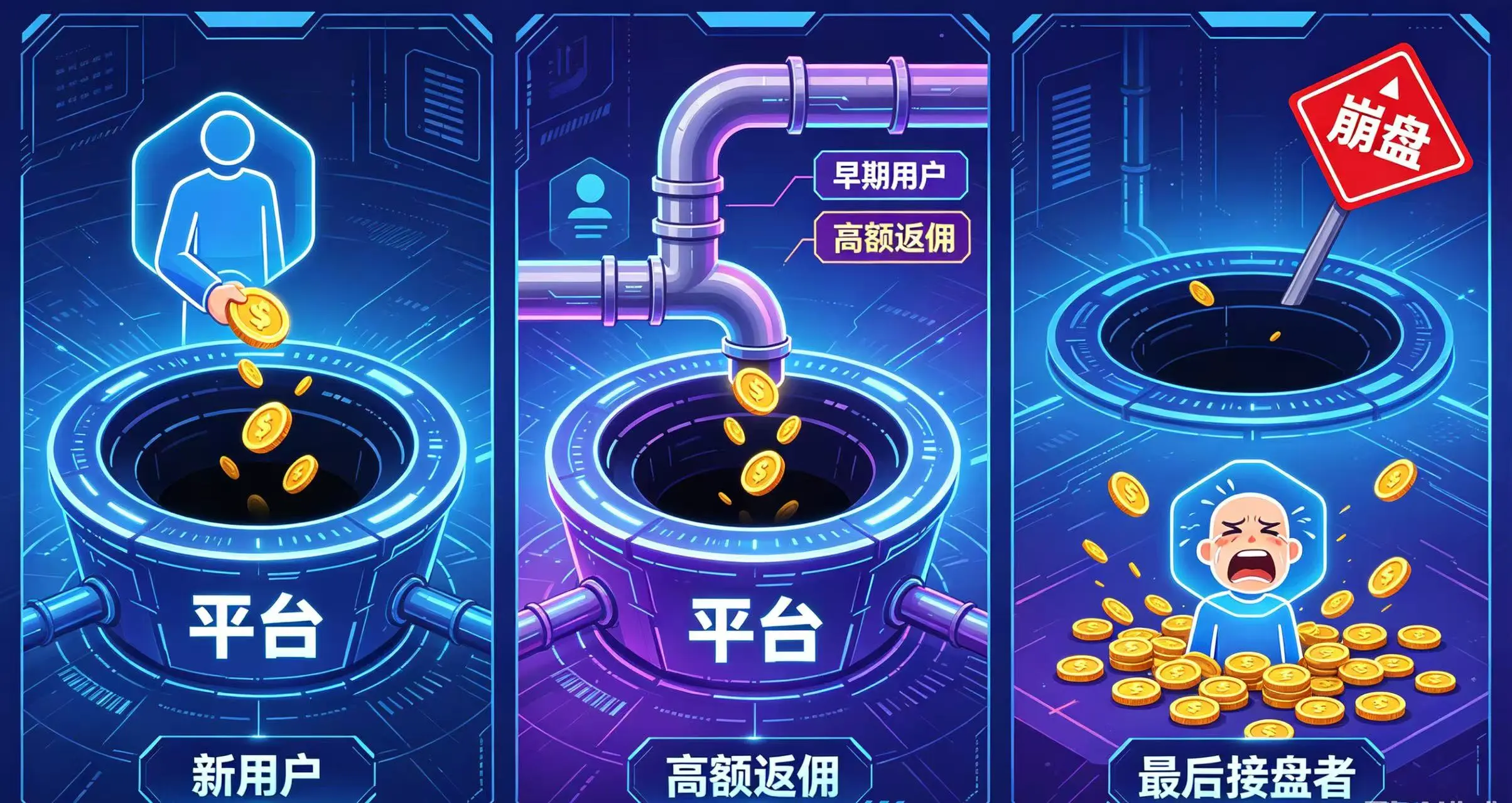 画面分三部分展示了资金流向和骗局本质 画面分三部分展示了资金流向和骗局本质