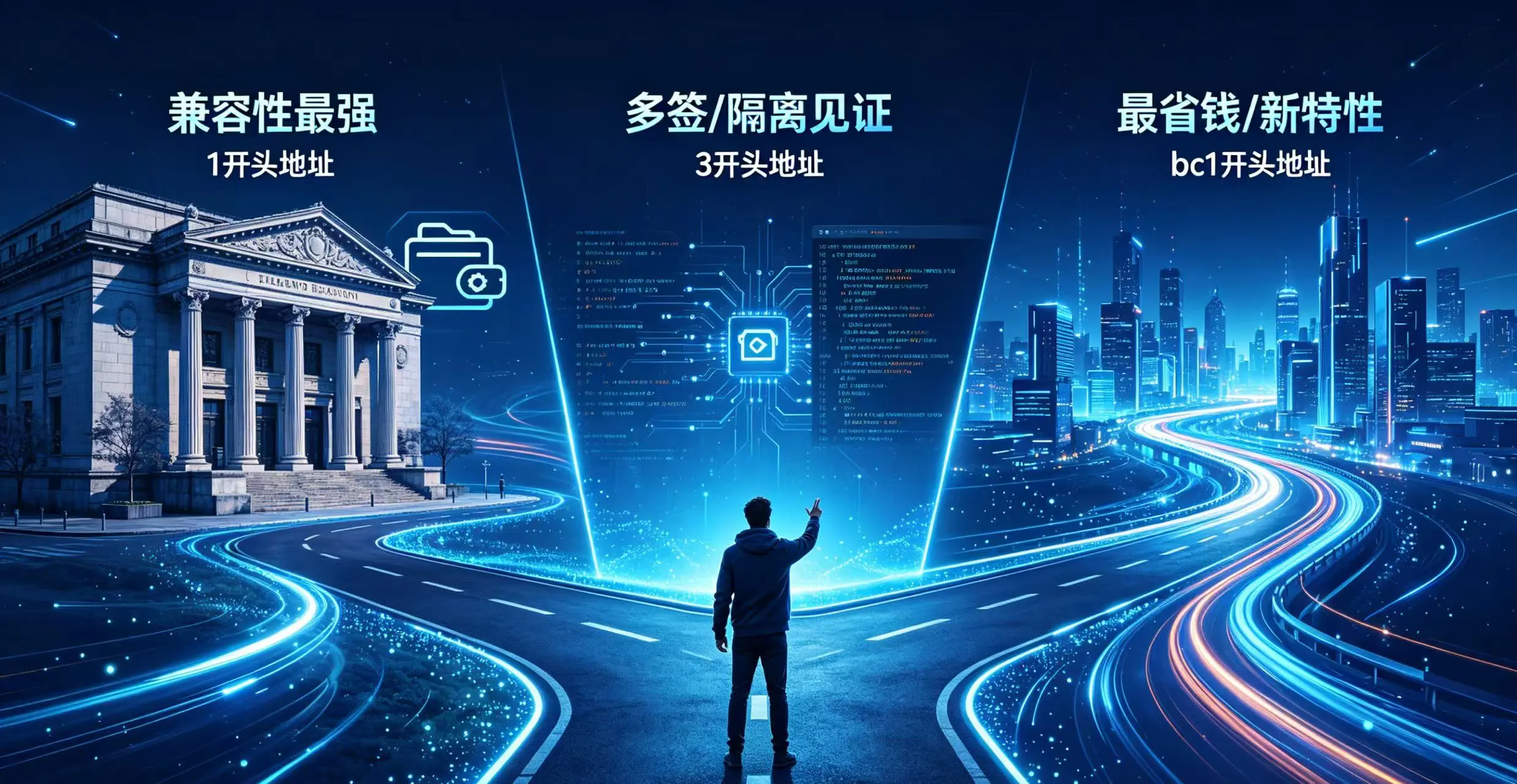 用户在分岔路口选择不同地址格式的使用场景示意图,展示兼容性、多签、省钱等特性。 用户在分岔路口选择不同地址格式的使用场景示意图,展示兼容性、多签、省钱等特性。