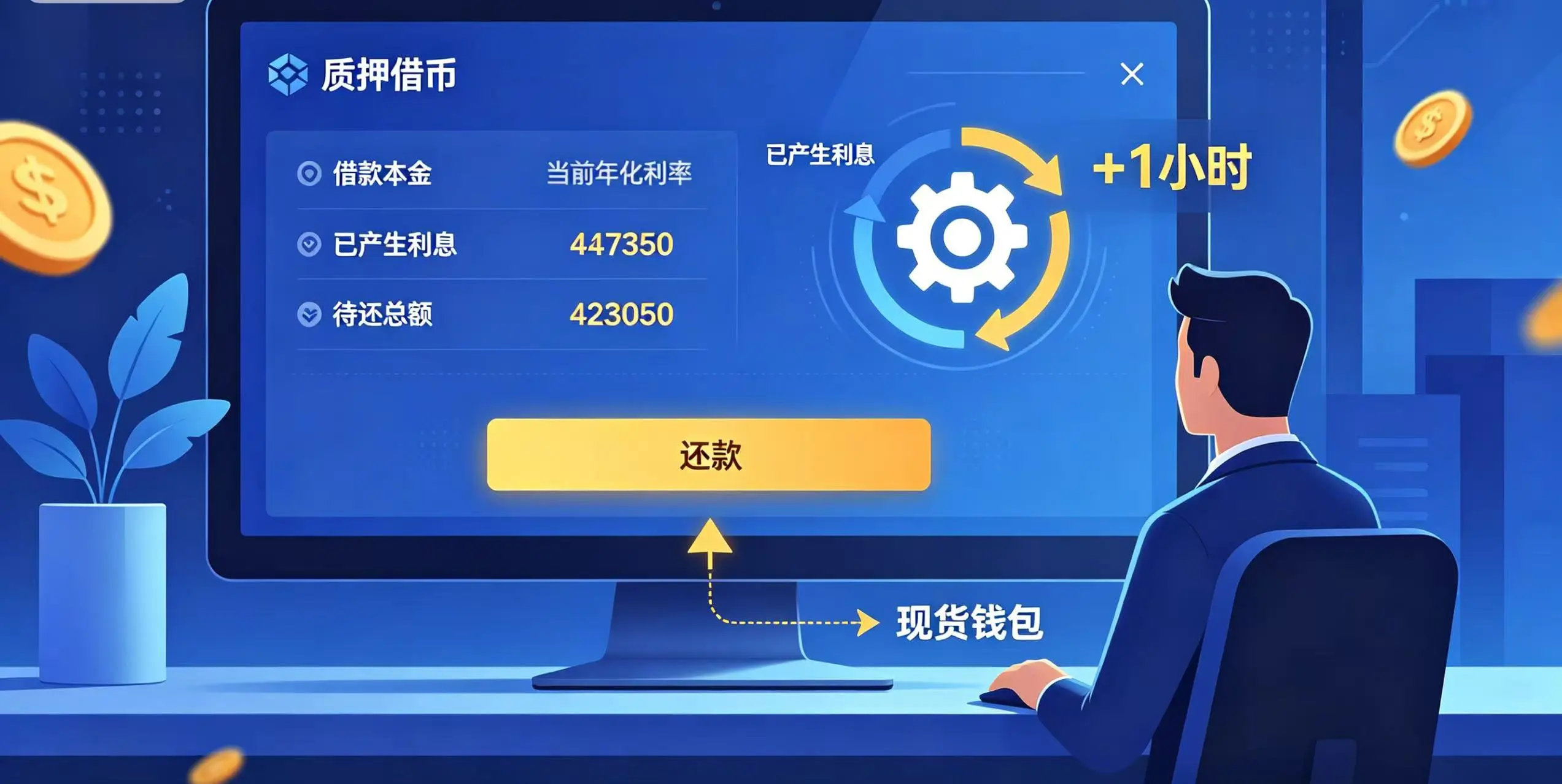 借币利息计算与还款流程示意图,展示了订单详情页中本金、利息、待还总额的关系,以及还款时从现货钱包扣款的操作。 借币利息计算与还款流程示意图,展示了订单详情页中本金、利息、待还总额的关系,以及还款时从现货钱包扣款的操作。