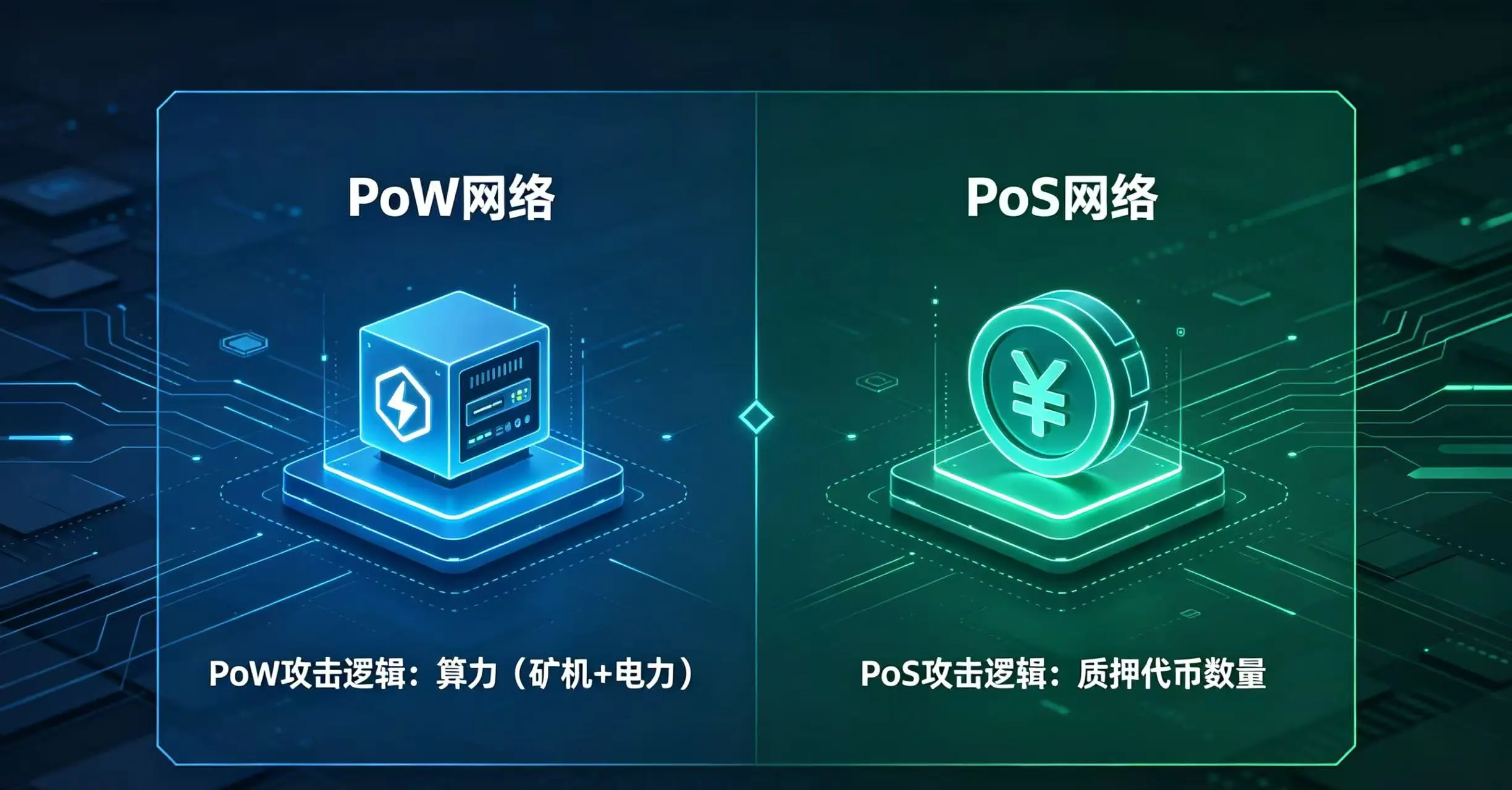 PoW 与 PoS 攻击逻辑对比图 PoW 与 PoS 攻击逻辑对比图