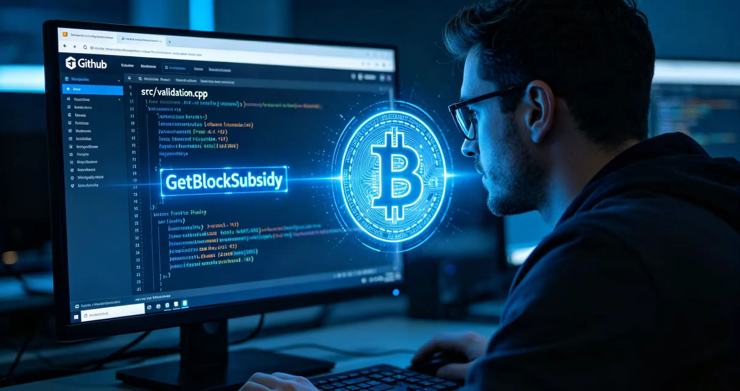 程序员正在 GitHub 上查看比特币的核心源代码 程序员正在 GitHub 上查看比特币的核心源代码