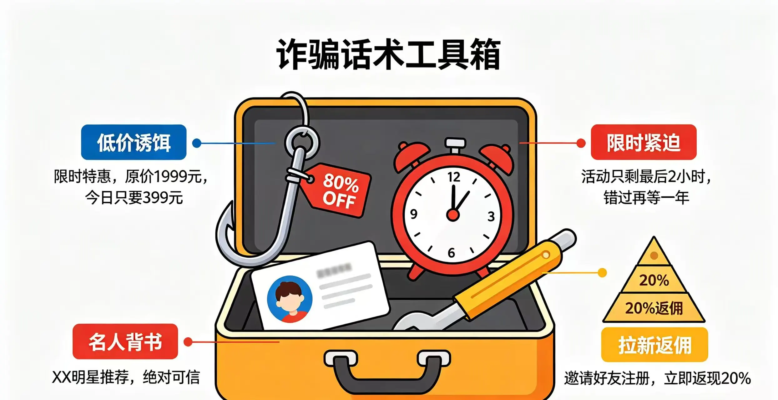 骗子常用的 “低价诱饵”、“限时紧迫”、“名人背书” 和 “拉新返佣” 四种话术 骗子常用的 “低价诱饵”、“限时紧迫”、“名人背书” 和 “拉新返佣” 四种话术