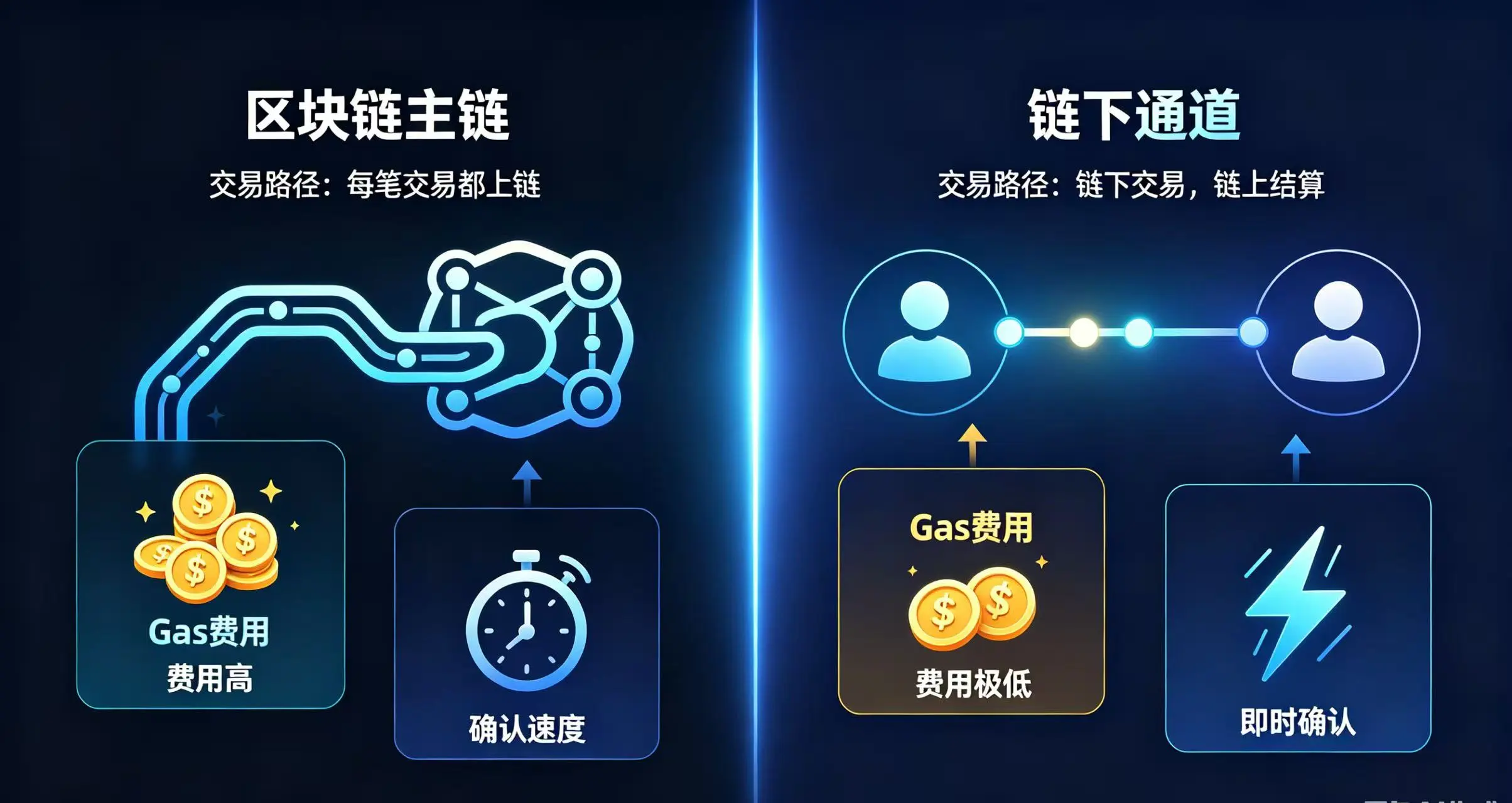 “传统链上交易” 和 “状态通道交易” 在 “交易路径”、“Gas 费用” 和 “确认速度” 三个关键维度上的巨大差异 “传统链上交易” 和 “状态通道交易” 在 “交易路径”、“Gas 费用” 和 “确认速度” 三个关键维度上的巨大差异